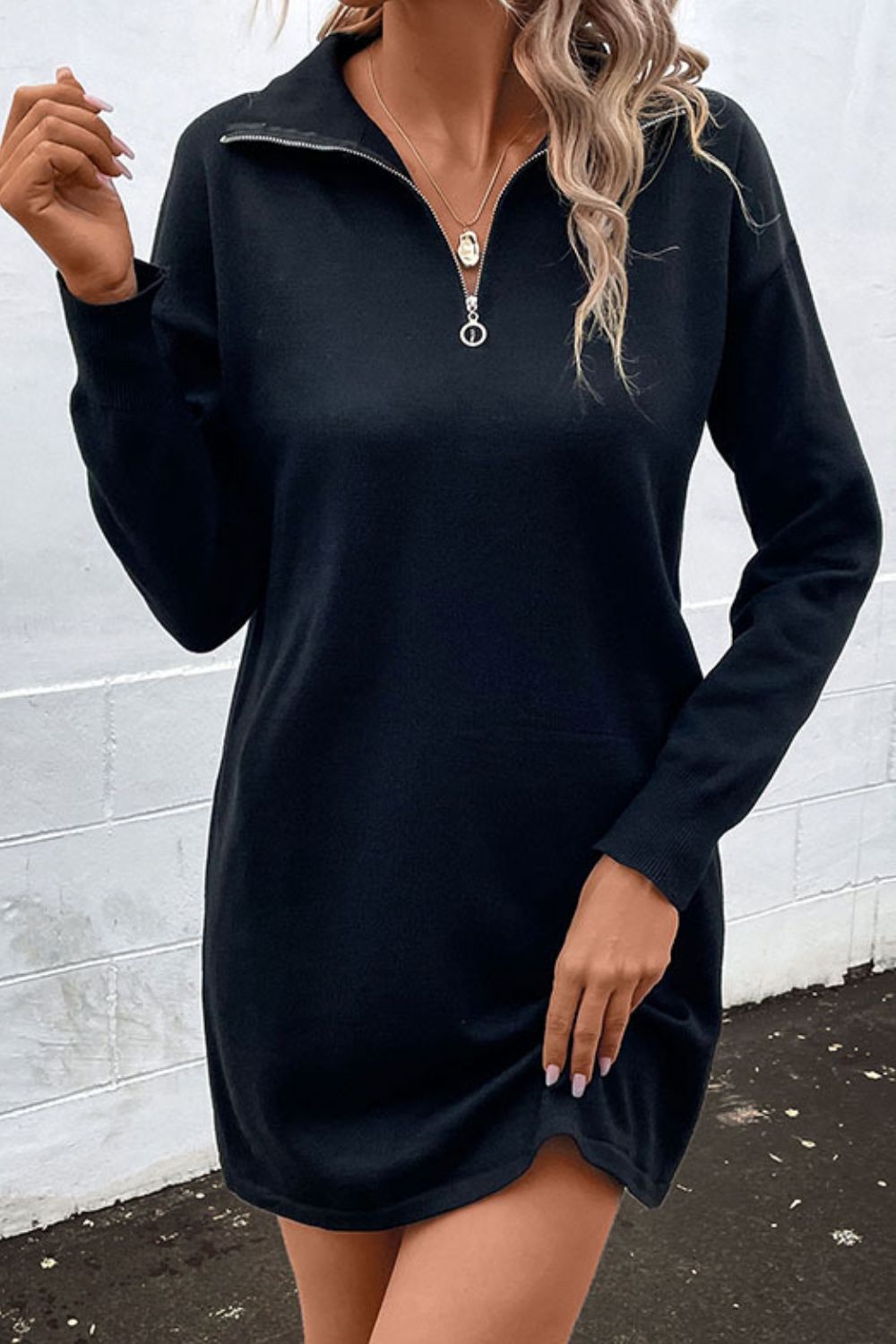 Perfee Quarter-Zip Dropped Shoulder Knit Dress