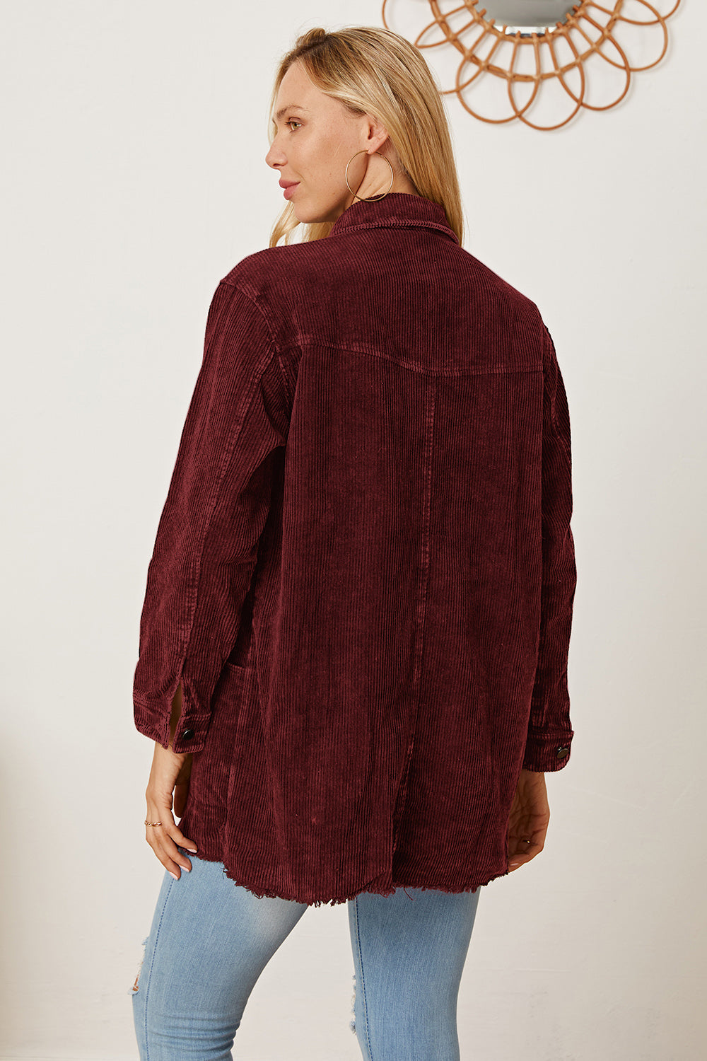 MeiMei Raw Hem Pocketed Button Up Jacket