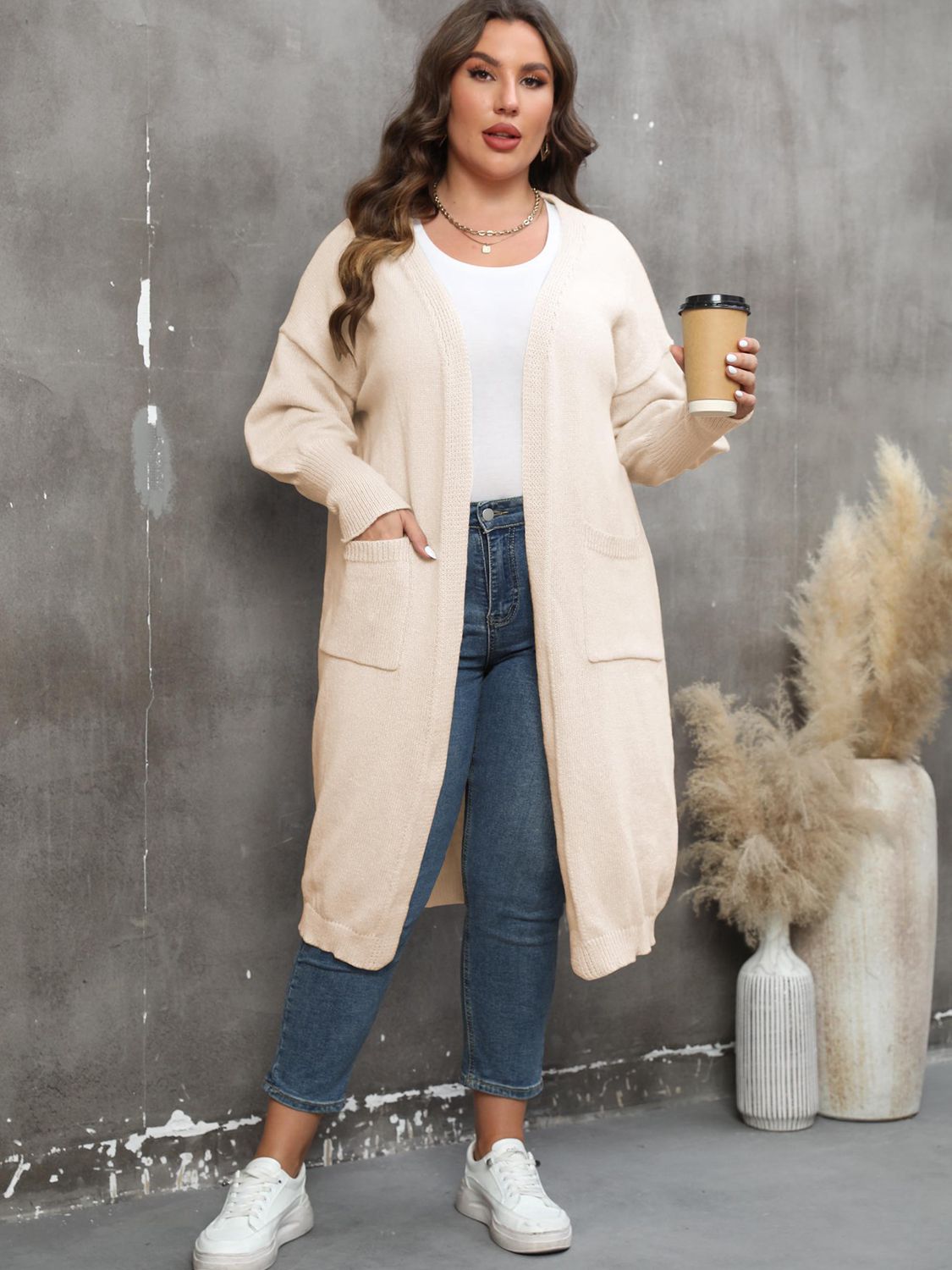 Plus Size Long Sleeve Pocketed Cardigan