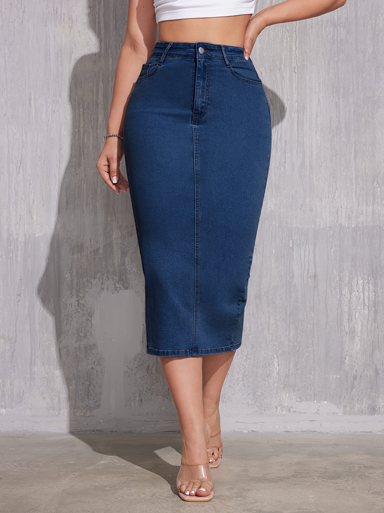 Chic Womens Denim Skirt - Plain Bodycon Fit with Trendy Split Hem - Midi Length Zipper Button Closure - Fashion-Forward Jeans Clothing