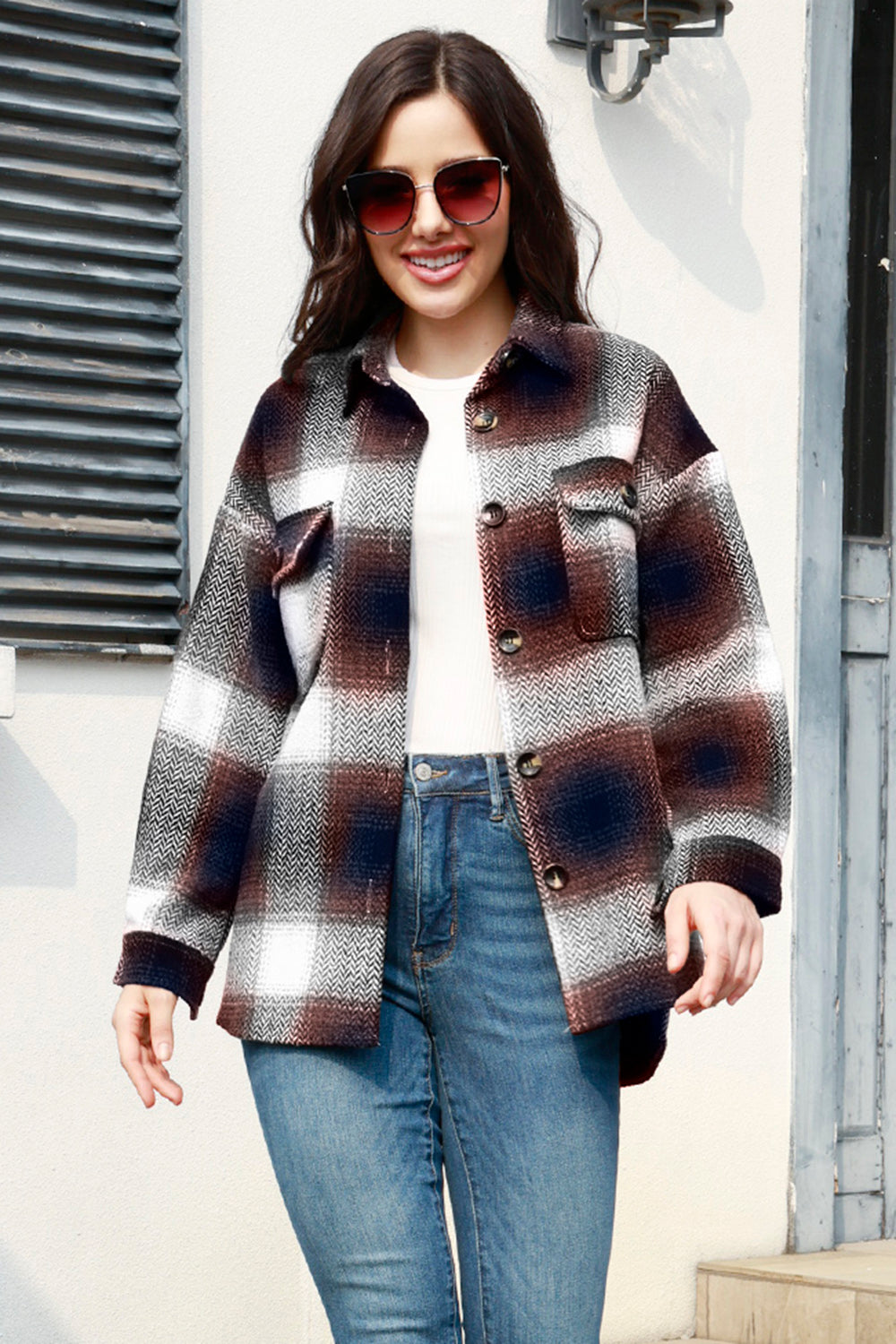 MeiMei Plaid Button Up Collared Neck Jacket