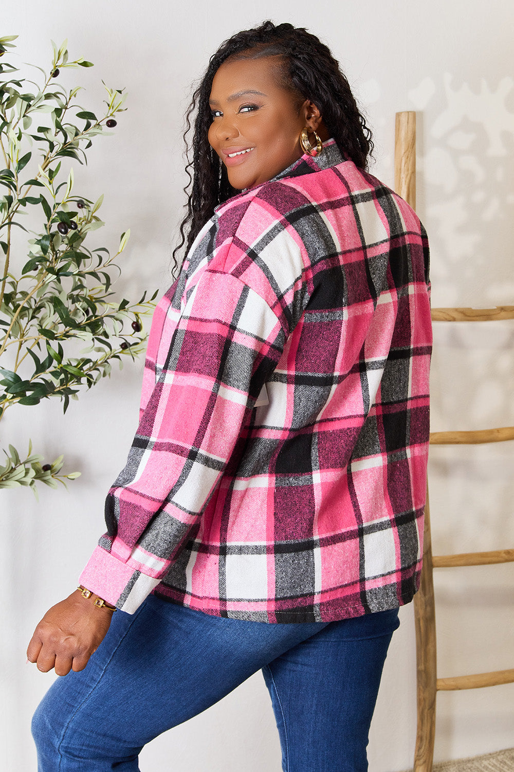 Shiny Plaid Button Up Collared Neck Jacket