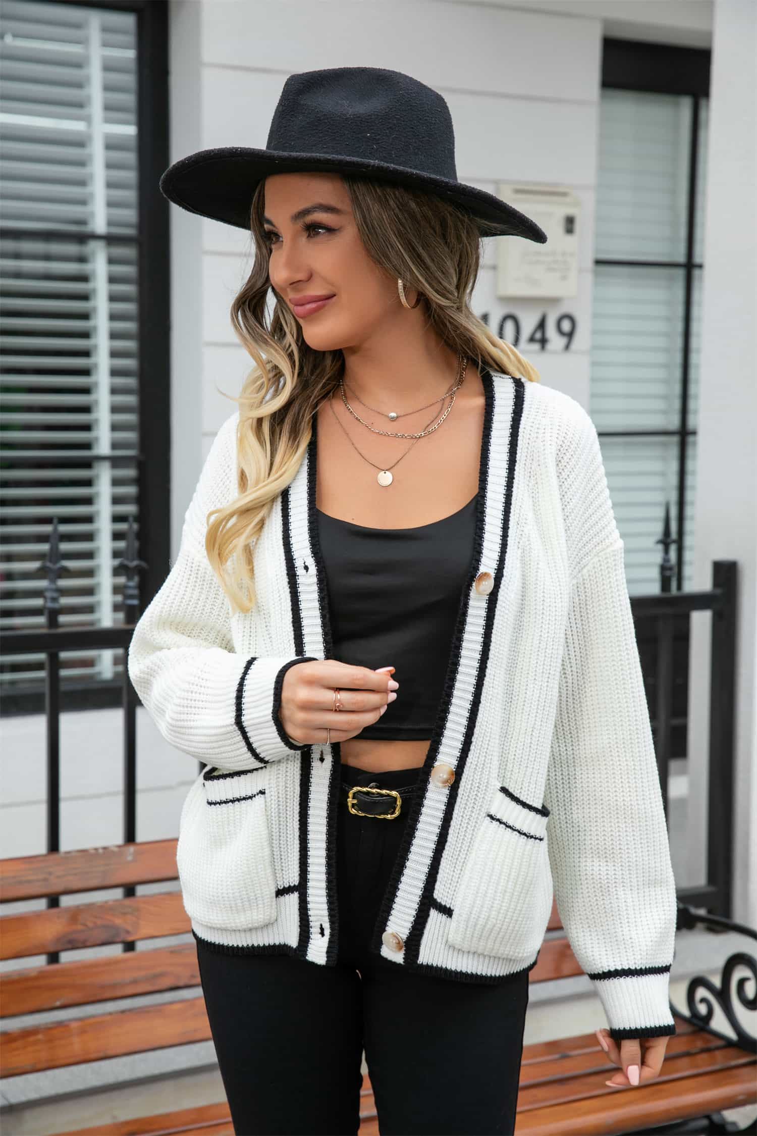 Angel Wings Waffle Knit V-Neck Cardigan with Pocket