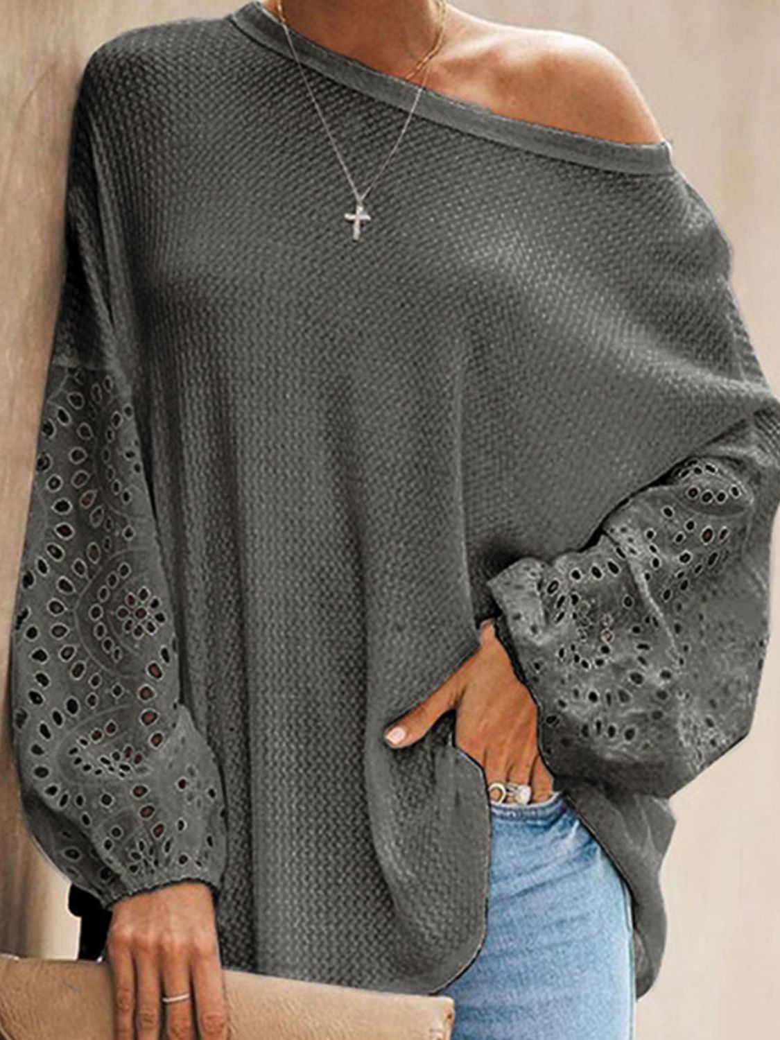 Shiny Openwork Dropped Shoulder Boat Neck Blouse