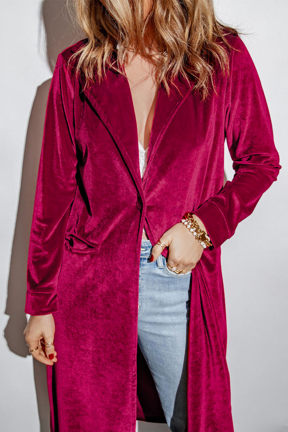 Honey Collared Neck Longline Velvet Cardigan with Pockets