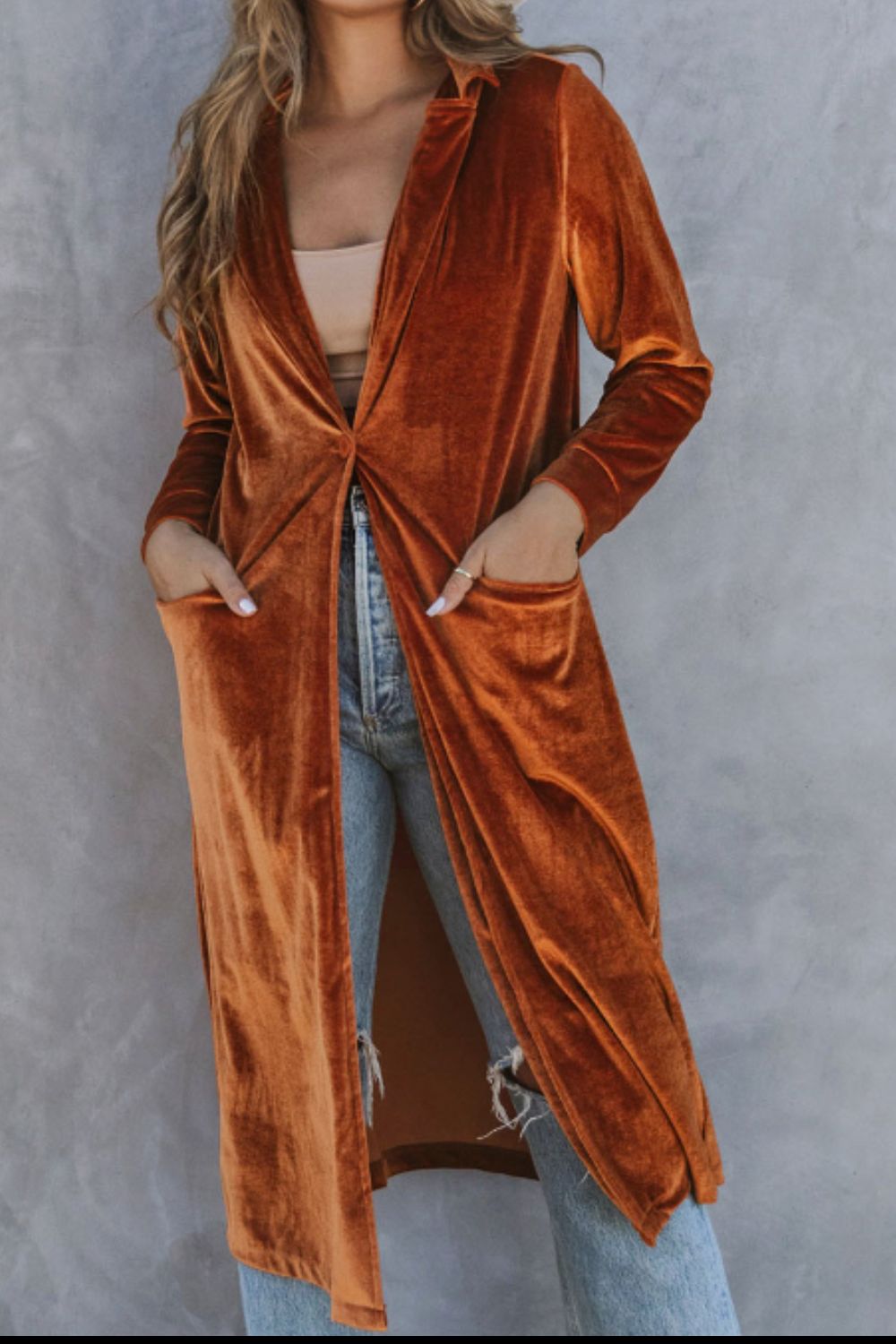 Honey Collared Neck Longline Velvet Cardigan with Pockets