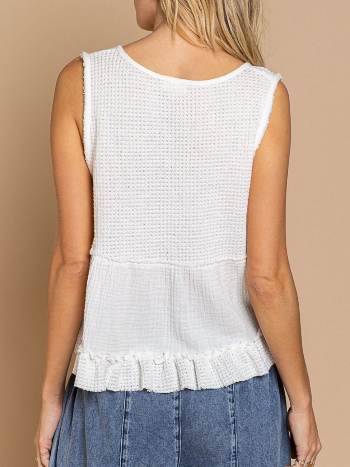 MeiMei Waffle-Knit Frill V-Neck Tank