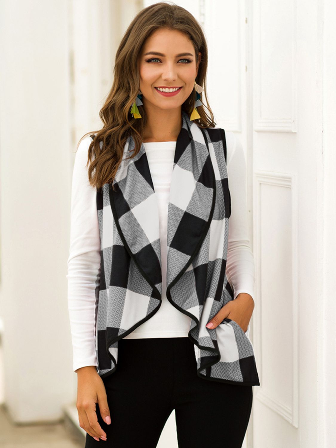 Shiny Plaid Open Front Sleeveless Cardigan