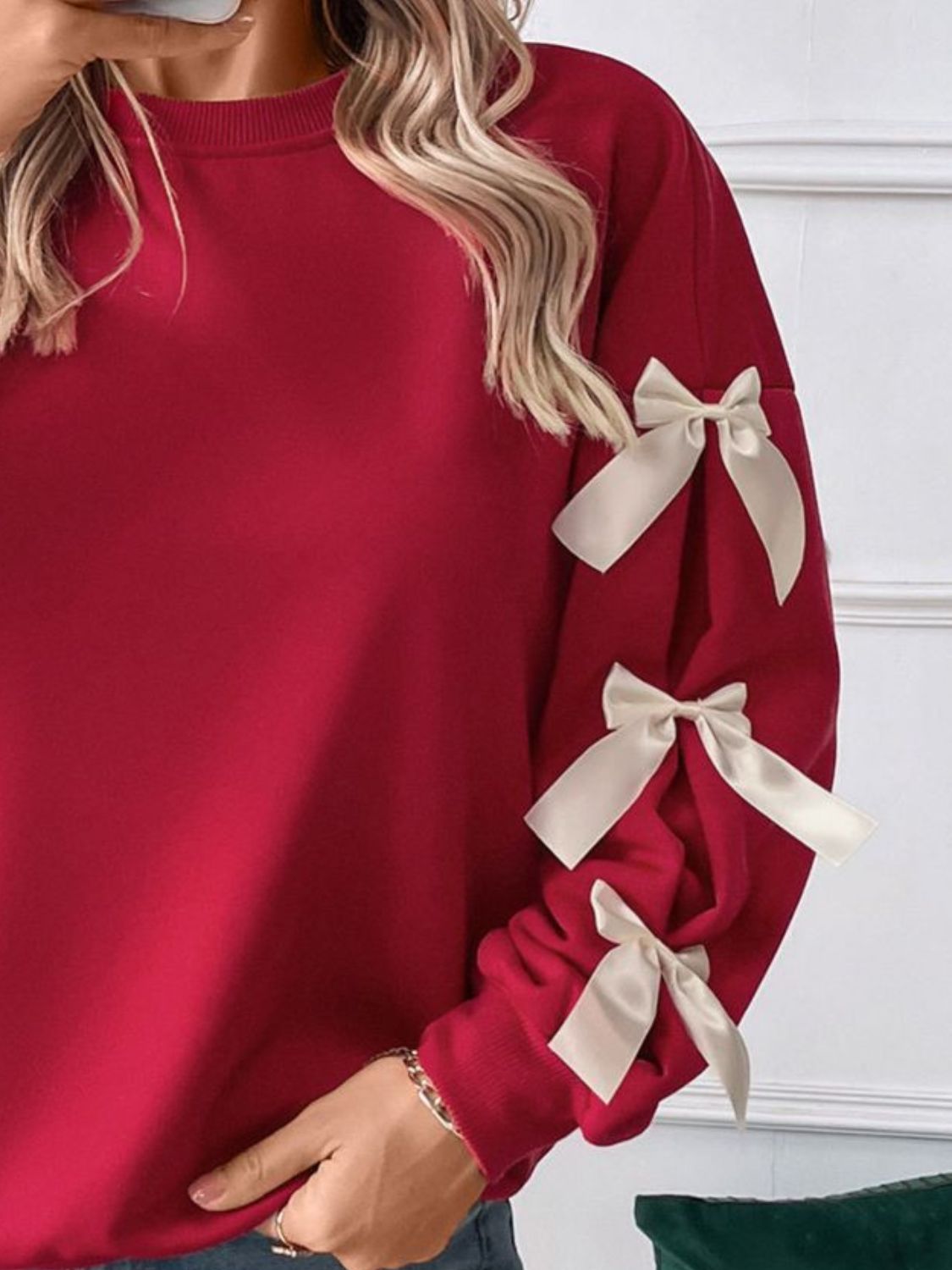 Perfee Bow Round Neck Long Sleeve Sweatshirt