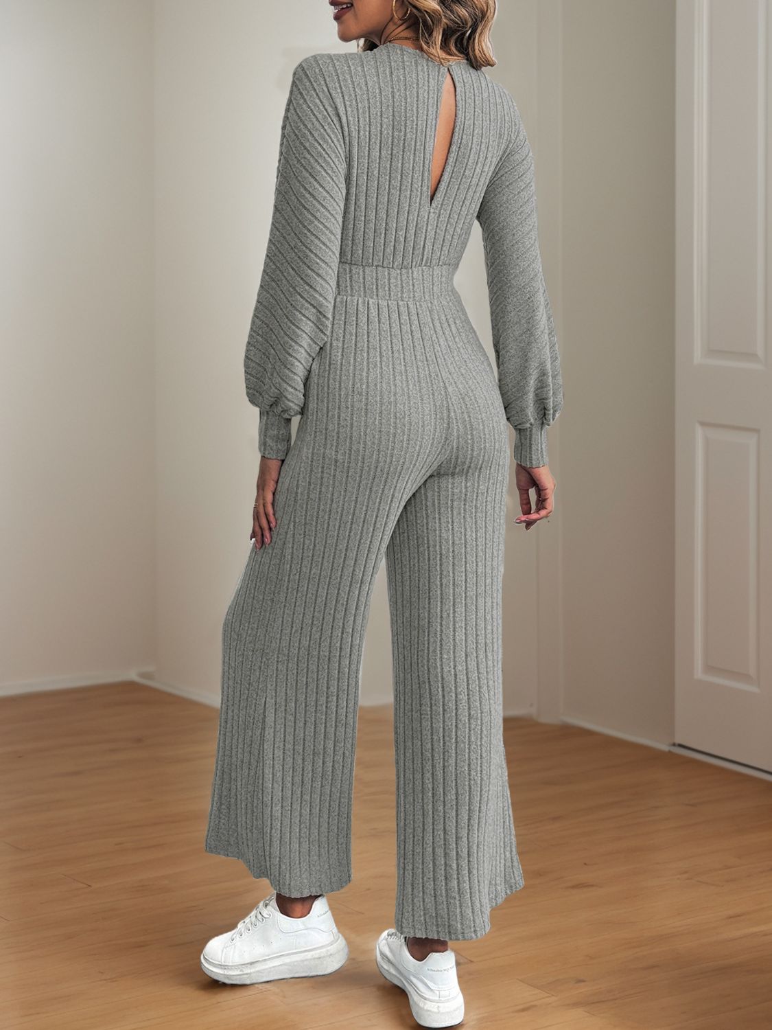 Perfee V-Neck Long Sleeve Wide Leg Jumpsuit