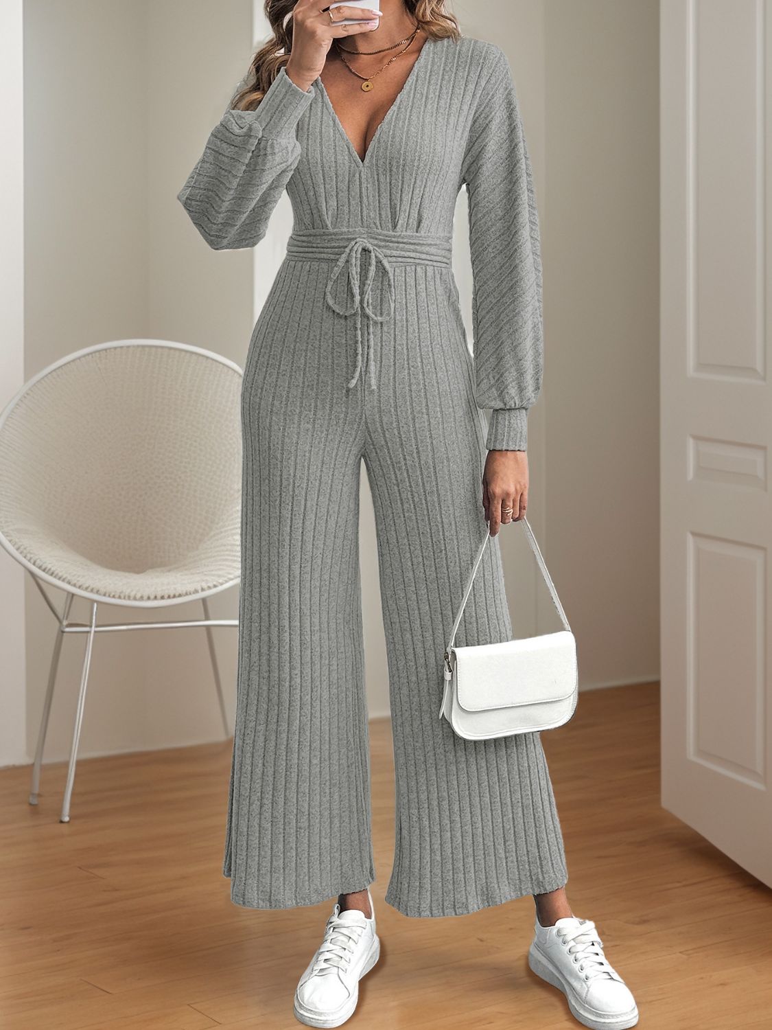 Perfee V-Neck Long Sleeve Wide Leg Jumpsuit