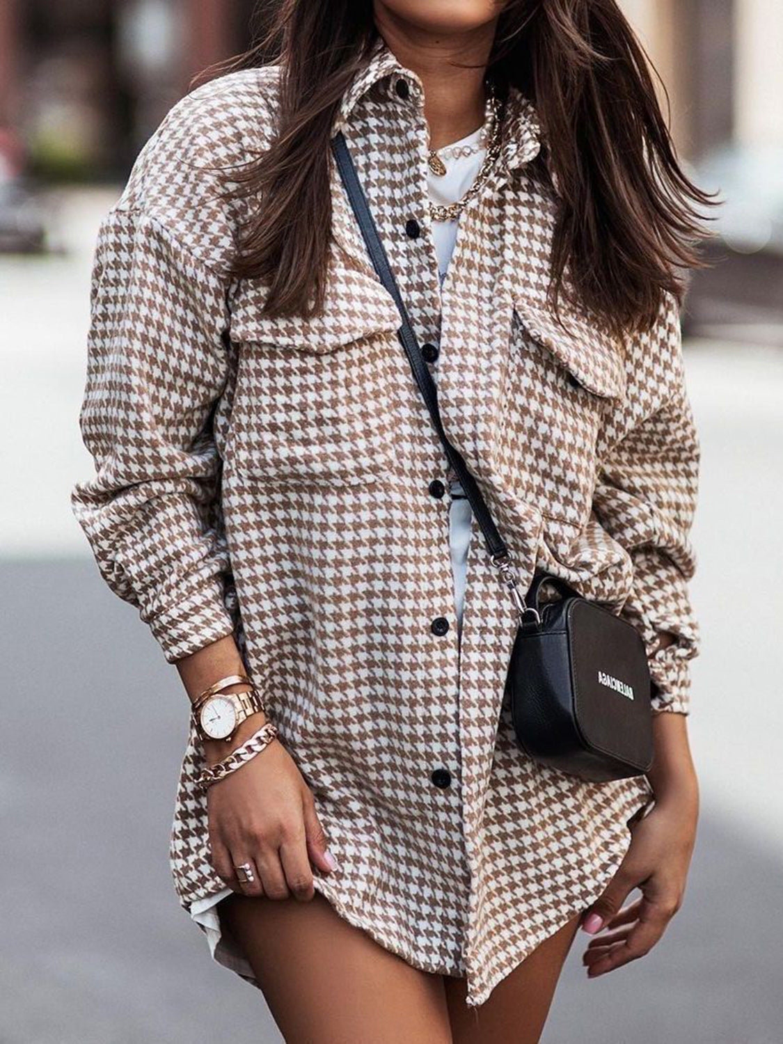 MeiMei Houndstooth Button Up Dropped Shoulder Jacket