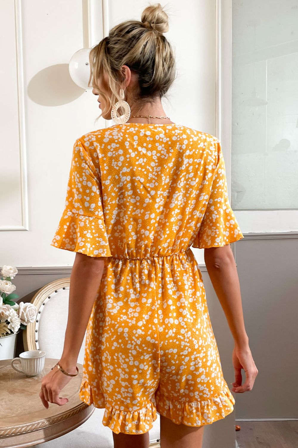 Shiny Printed Surplice Neck Ruffled Romper