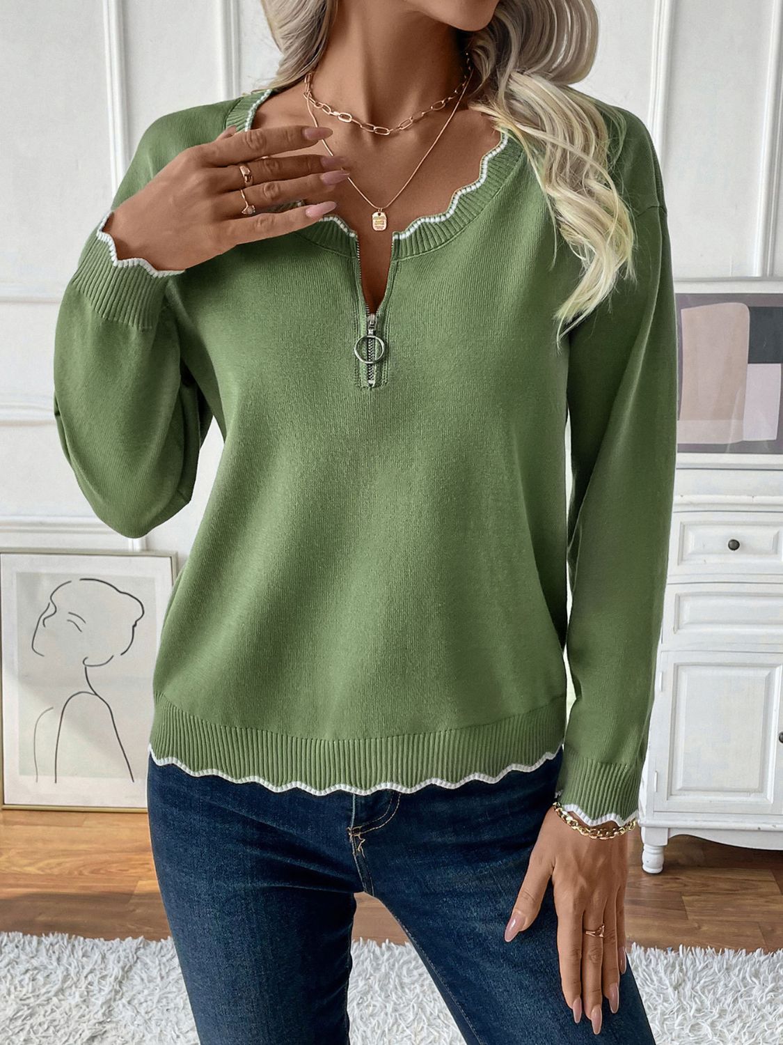 Perfee Contrast Trim Quarter Zip Long Sleeve Knit Top