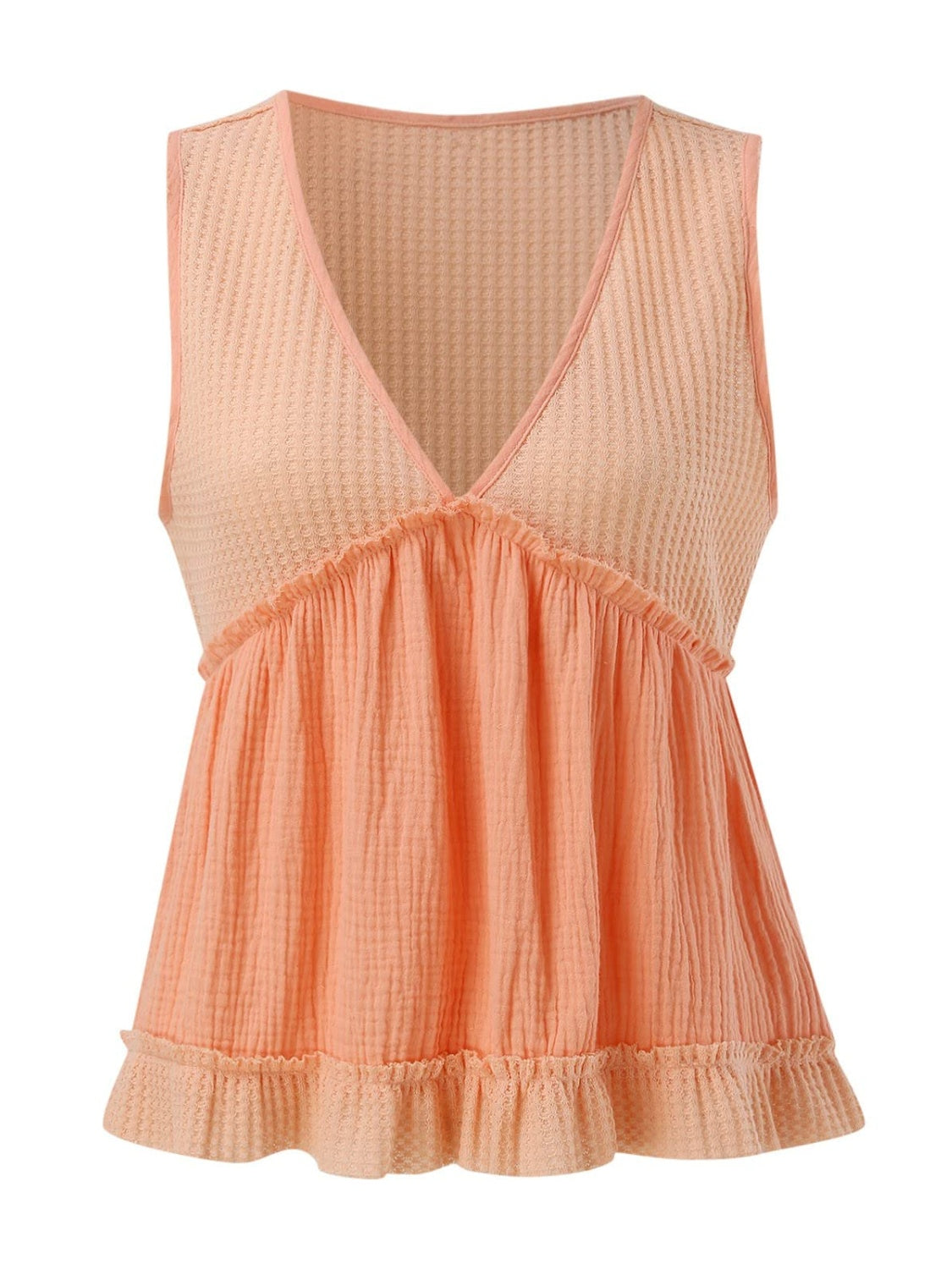 MeiMei Waffle-Knit Frill V-Neck Tank