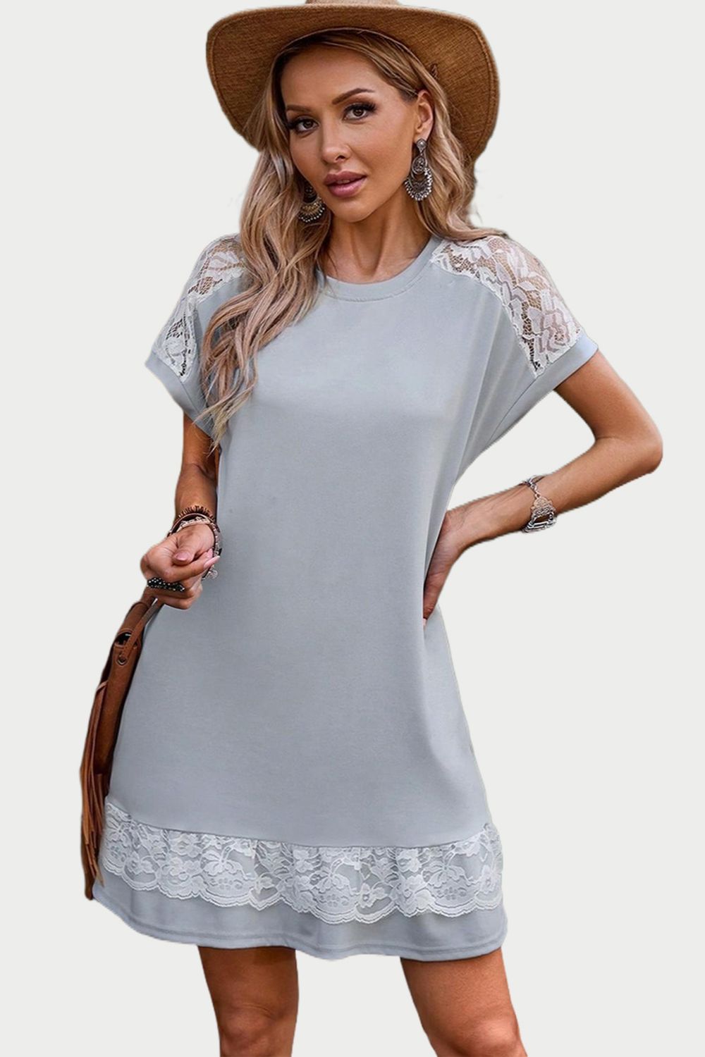 Perfee Lace Detail Round Neck Short Sleeve Dress