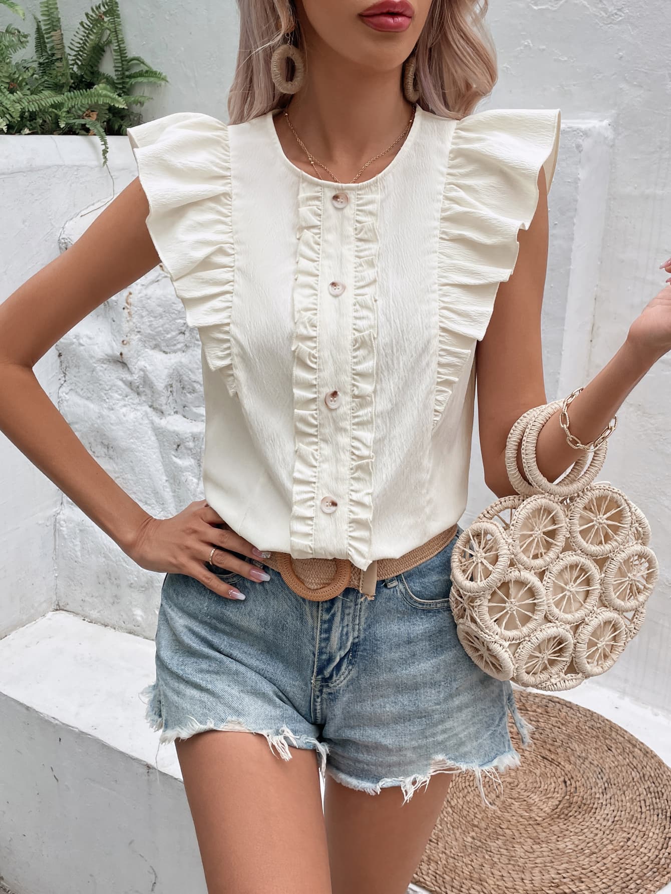 Honey Decorative Button Frill Trim Round Neck Top