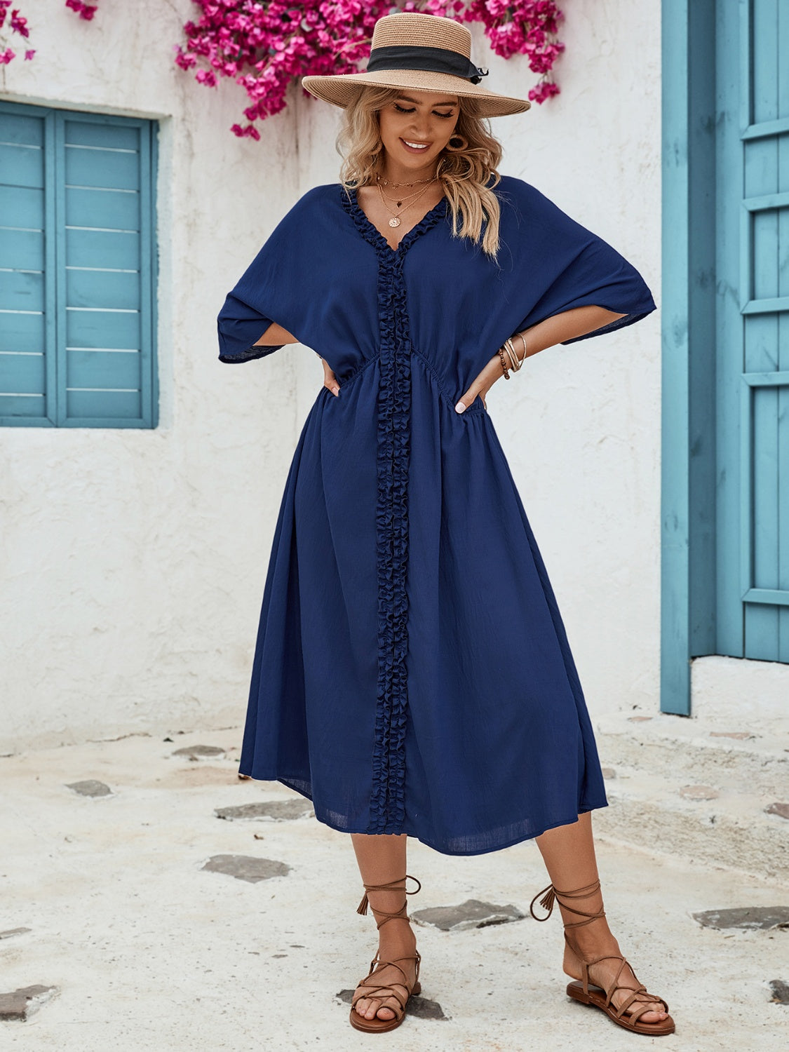 Honey Frill Slit V-Neck Three-Quarter Sleeve Dress