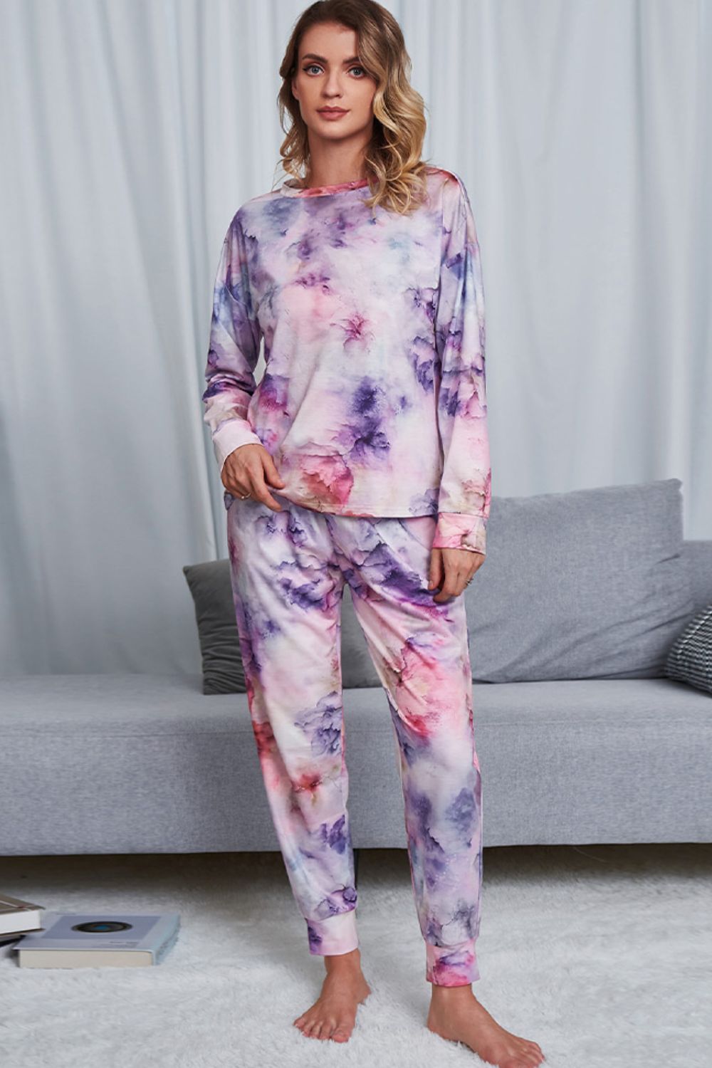 Shiny Tie-Dye Crewneck Top and Drawstring Waist Joggers Lounge Set