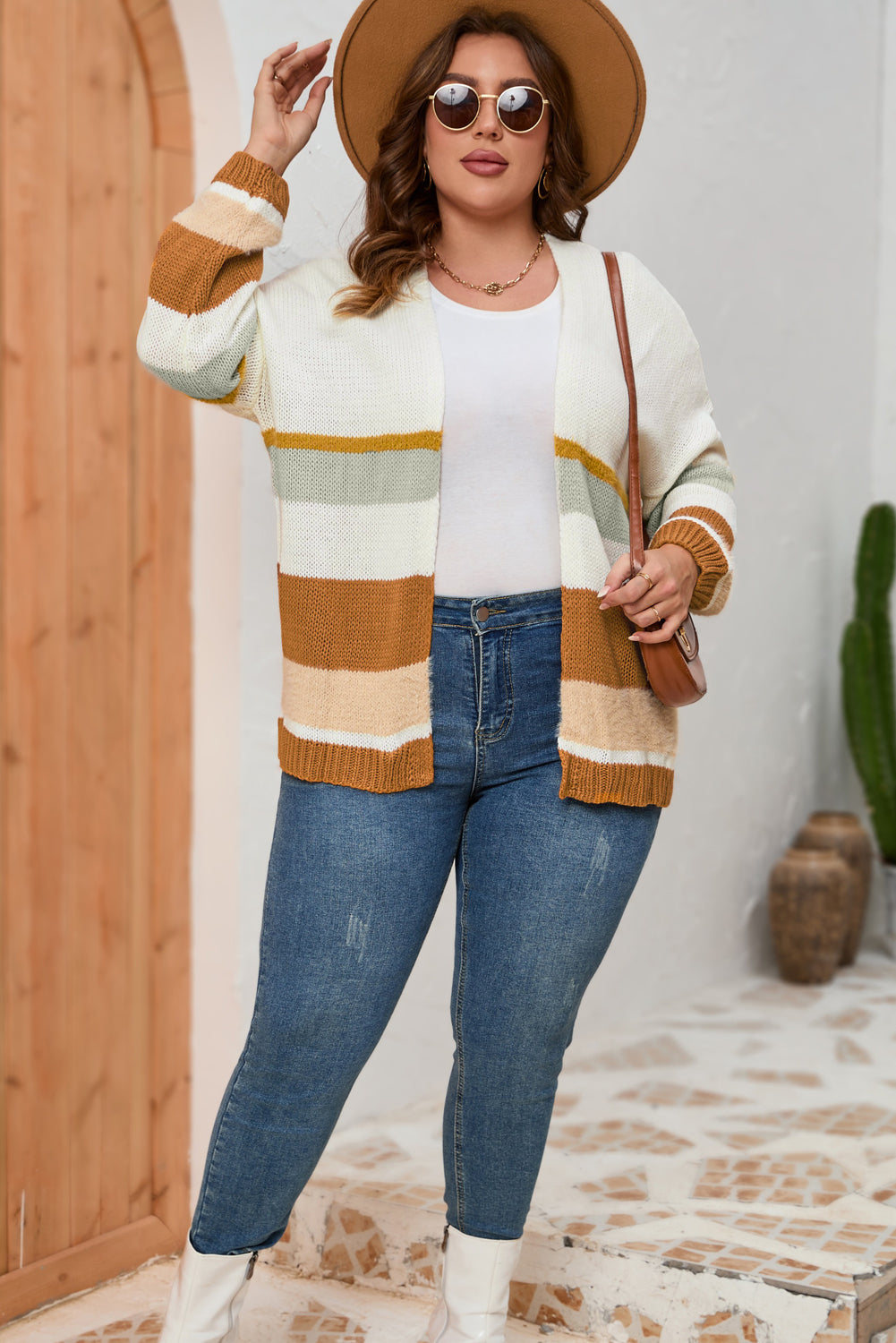 Plus Size Color Block Long Sleeve Cardigan