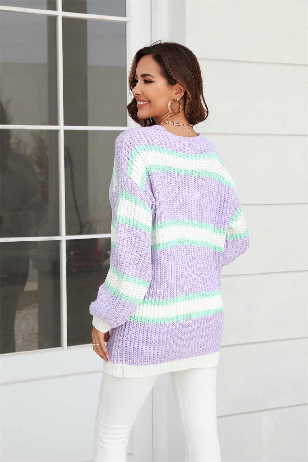 Angel Wings Color Block Ribbed Dropped Shoulder Open Front Cardigan