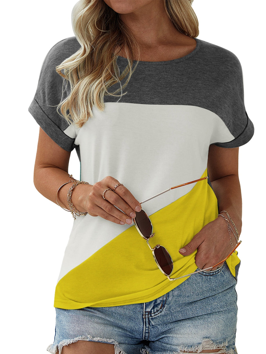 FAM-FAM Color Block Round Neck Short Sleeve T-Shirt