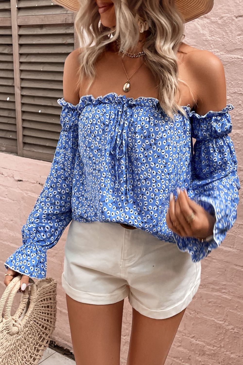 Honey Off Shoulder Printed Frill Trim Blouse