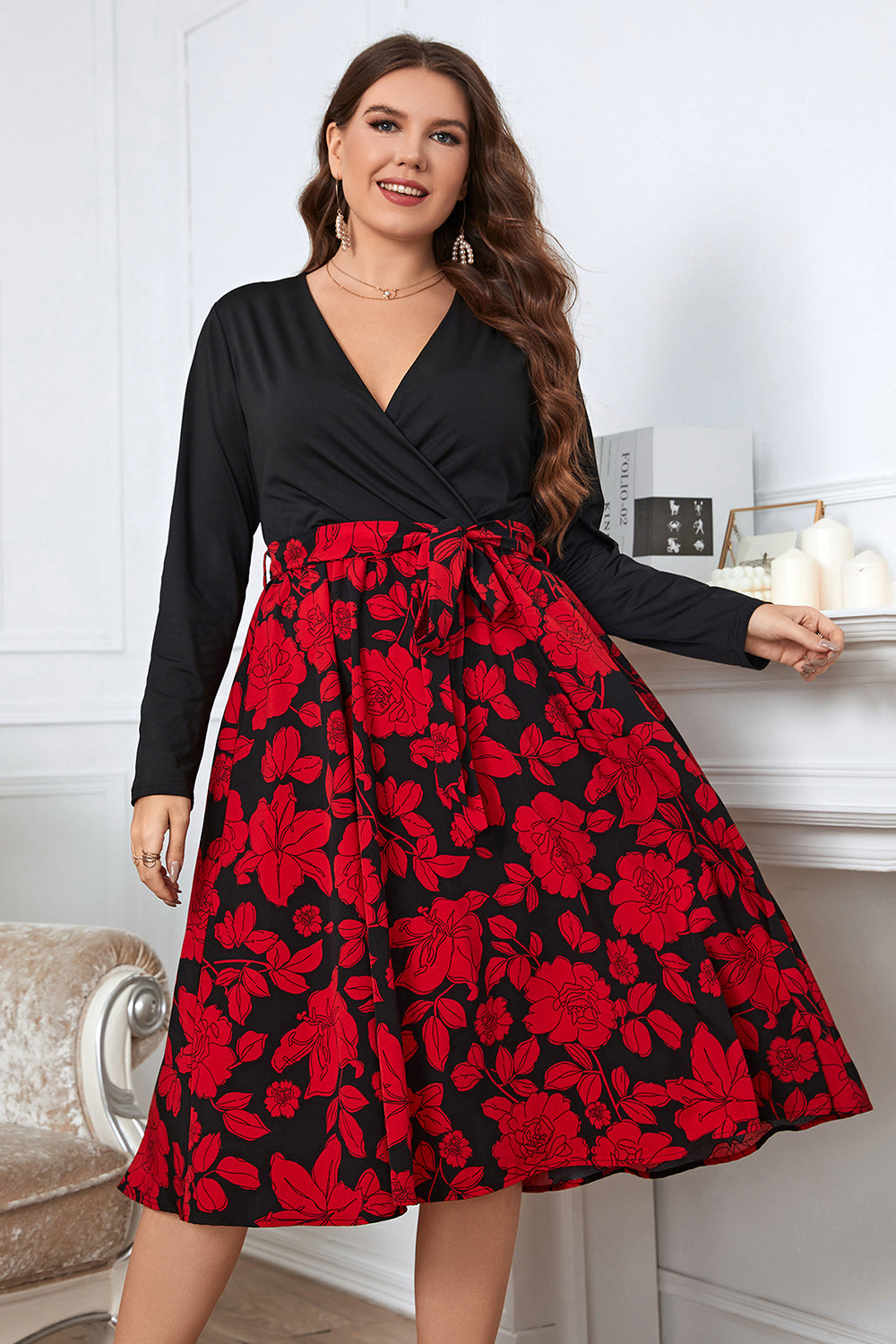 Honey Plus Size Floral Surplice Neck Long Sleeve Dress