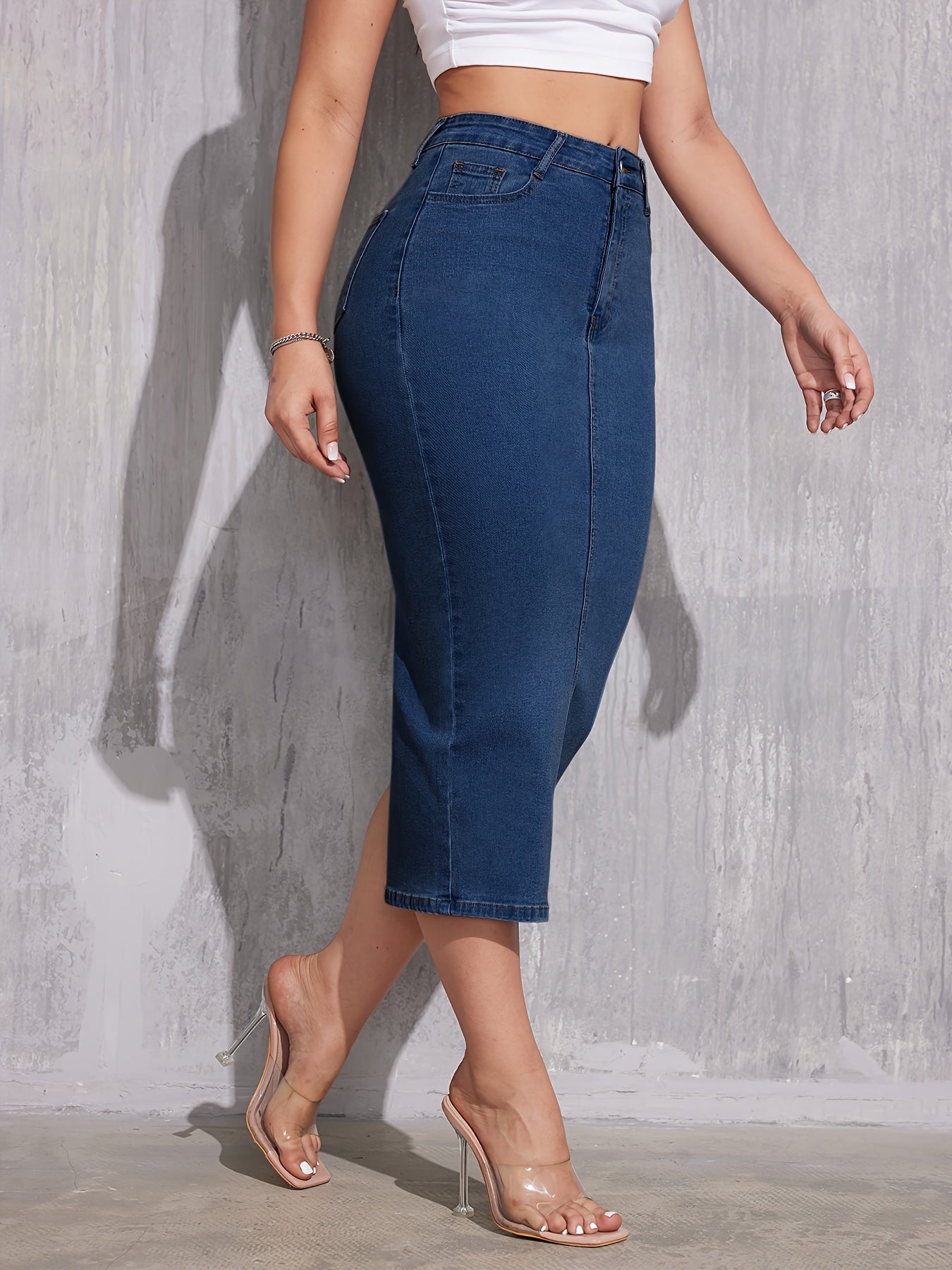 Chic Womens Denim Skirt - Plain Bodycon Fit with Trendy Split Hem - Midi Length Zipper Button Closure - Fashion-Forward Jeans Clothing