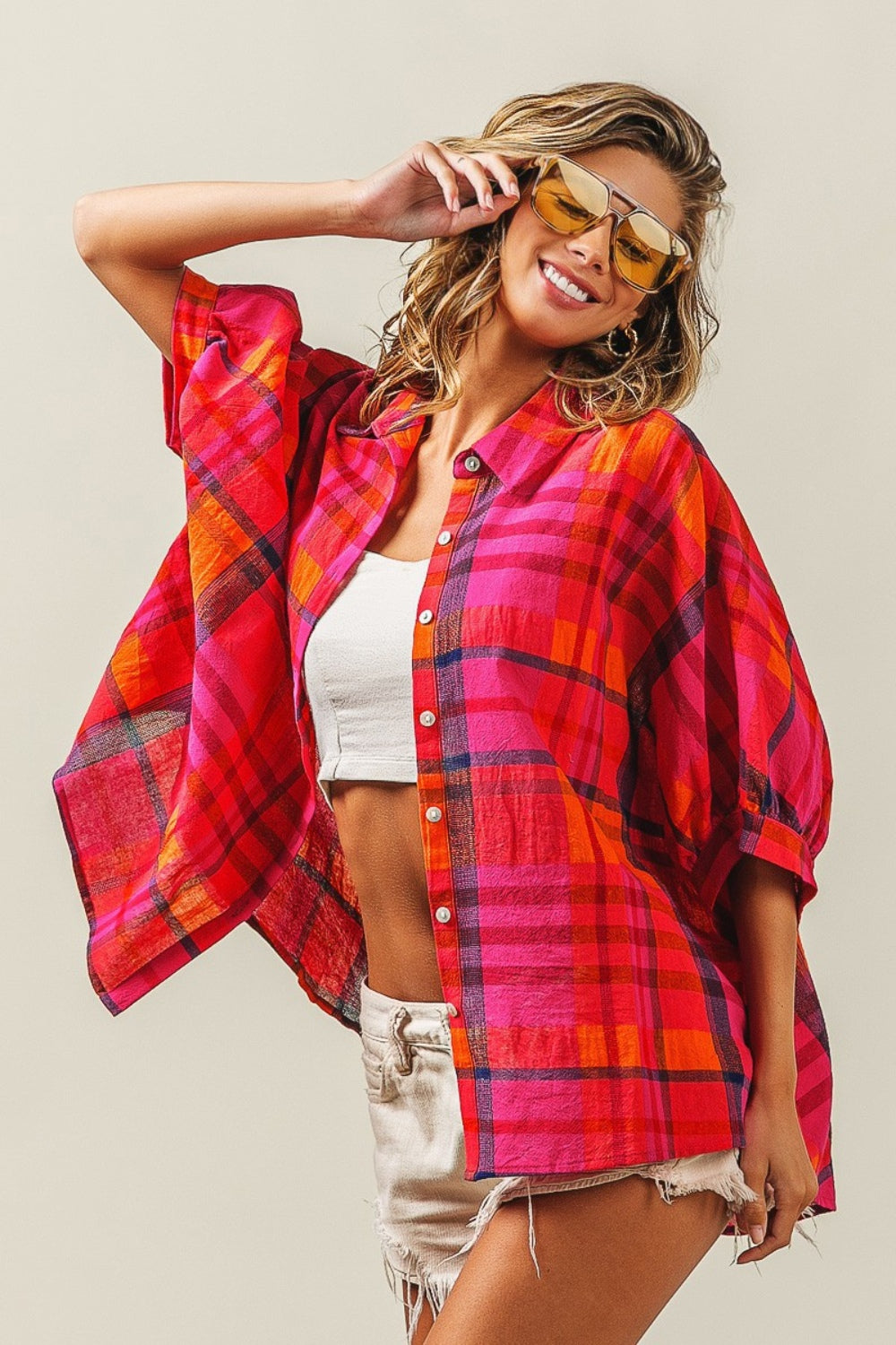 BiBi Button Up Dolman Sleeve Plaid Shirt