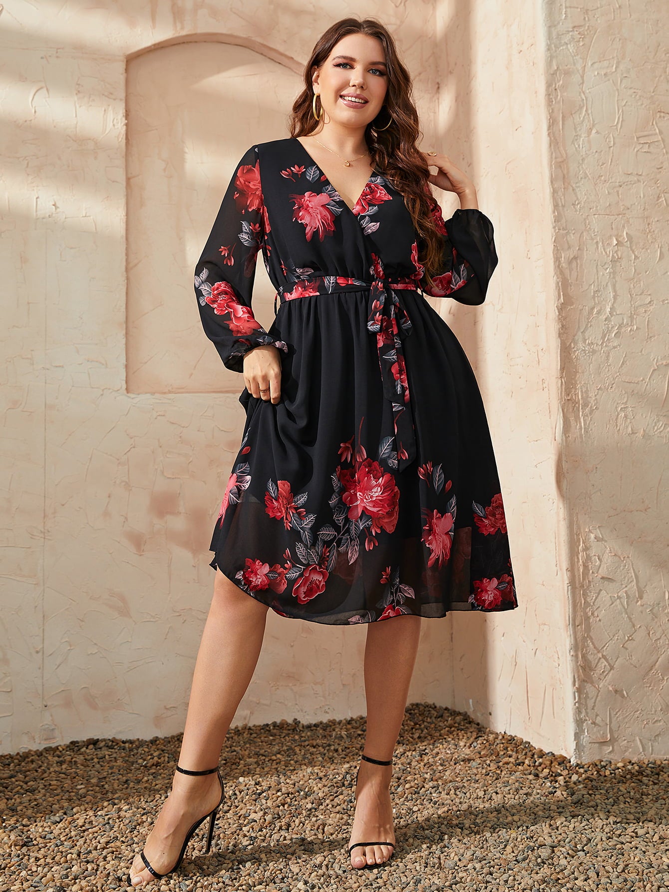 Honey Plus Size Floral Surplice Neck Tie Waist Dress