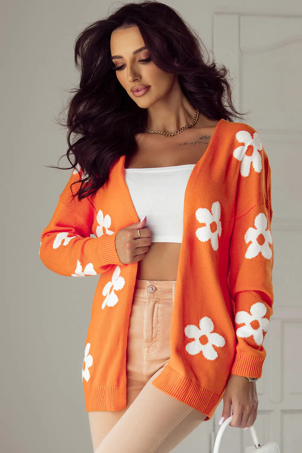 Flower Open Front Long Sleeve Cardigan