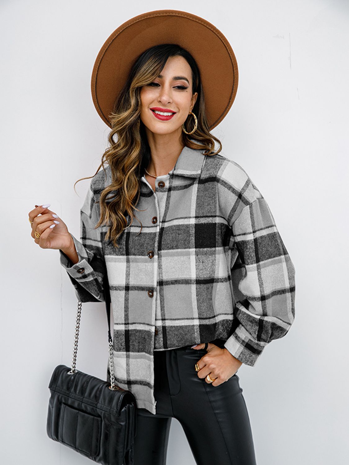 Shiny Plaid Button Up Collared Neck Jacket