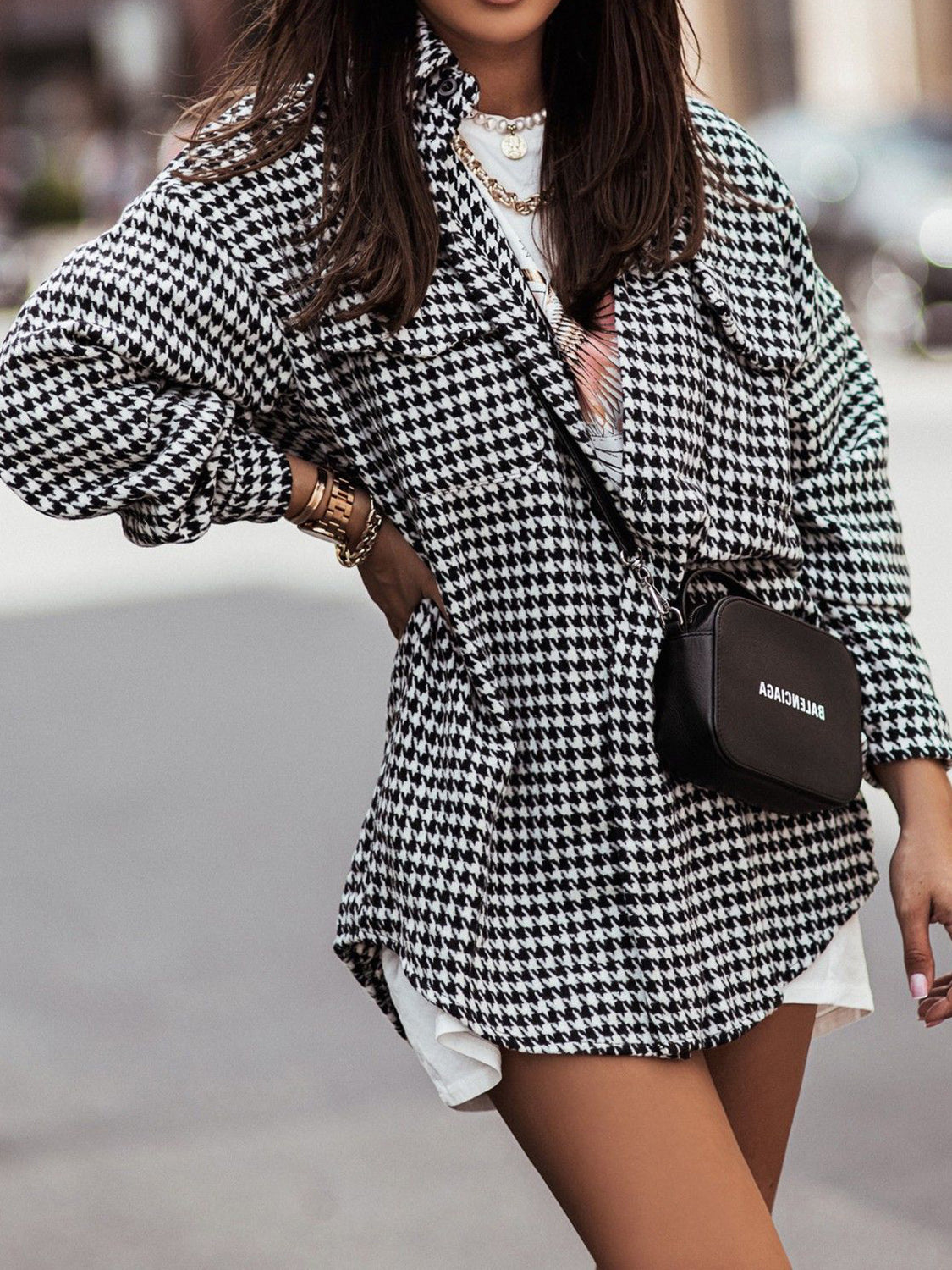 MeiMei Houndstooth Button Up Dropped Shoulder Jacket