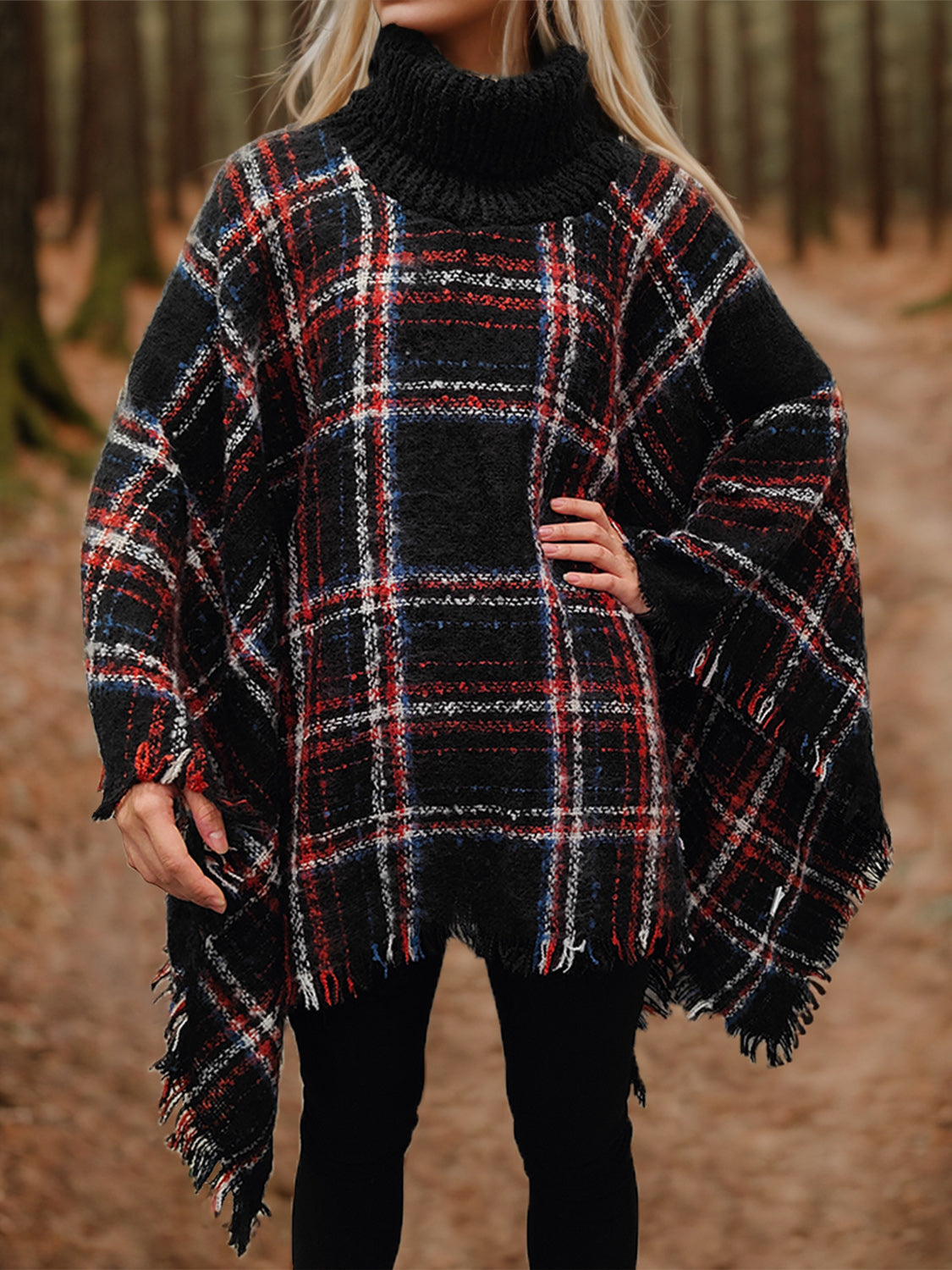 Shiny Turtleneck Plaid Raw Hem Sweater