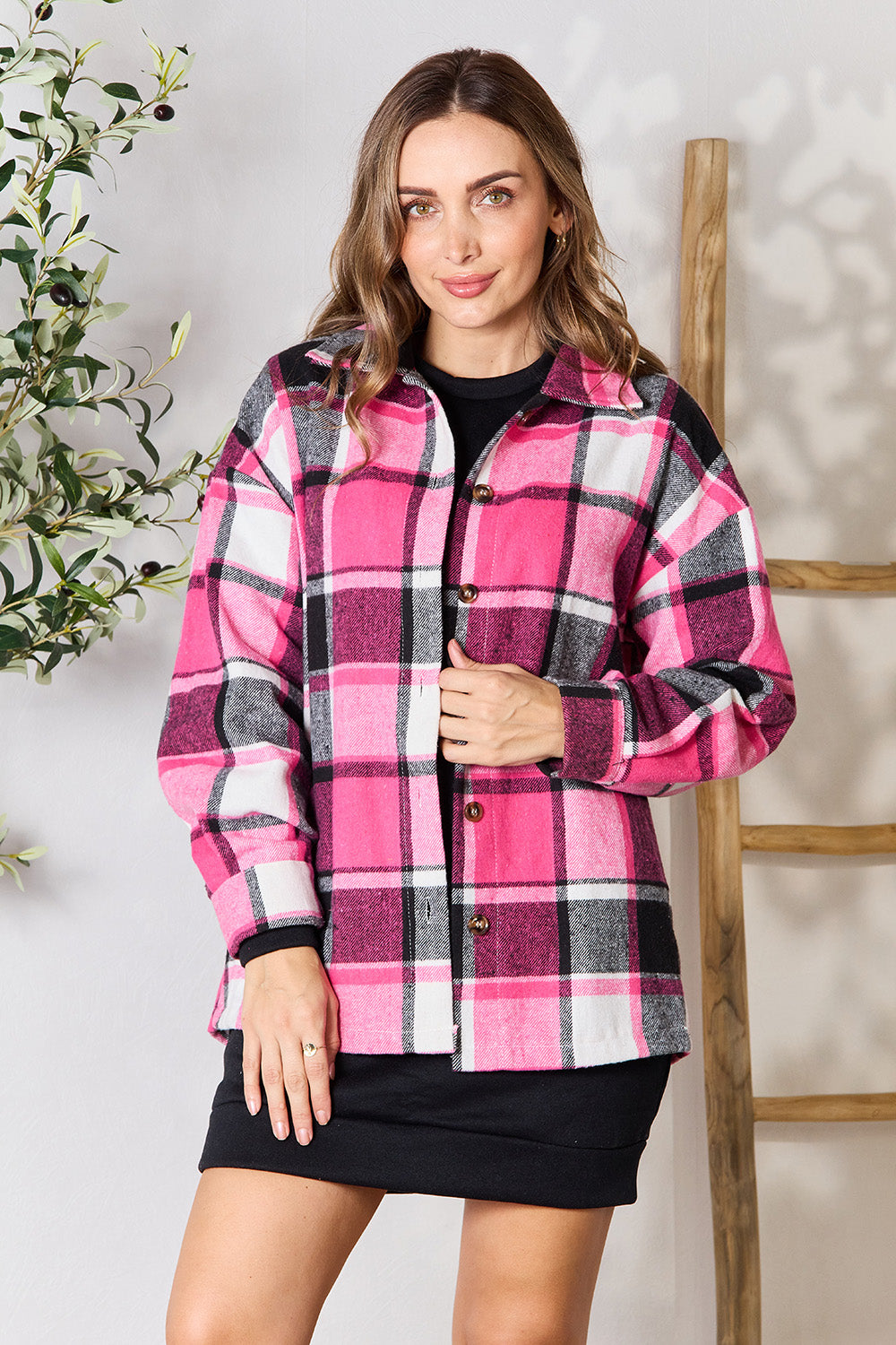 Shiny Plaid Button Up Collared Neck Jacket