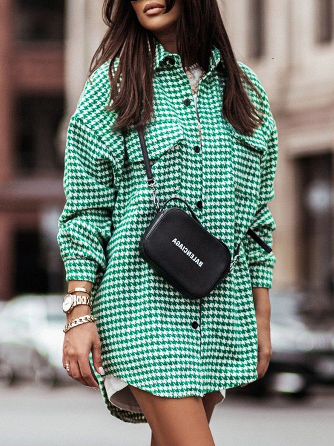 MeiMei Houndstooth Button Up Dropped Shoulder Jacket