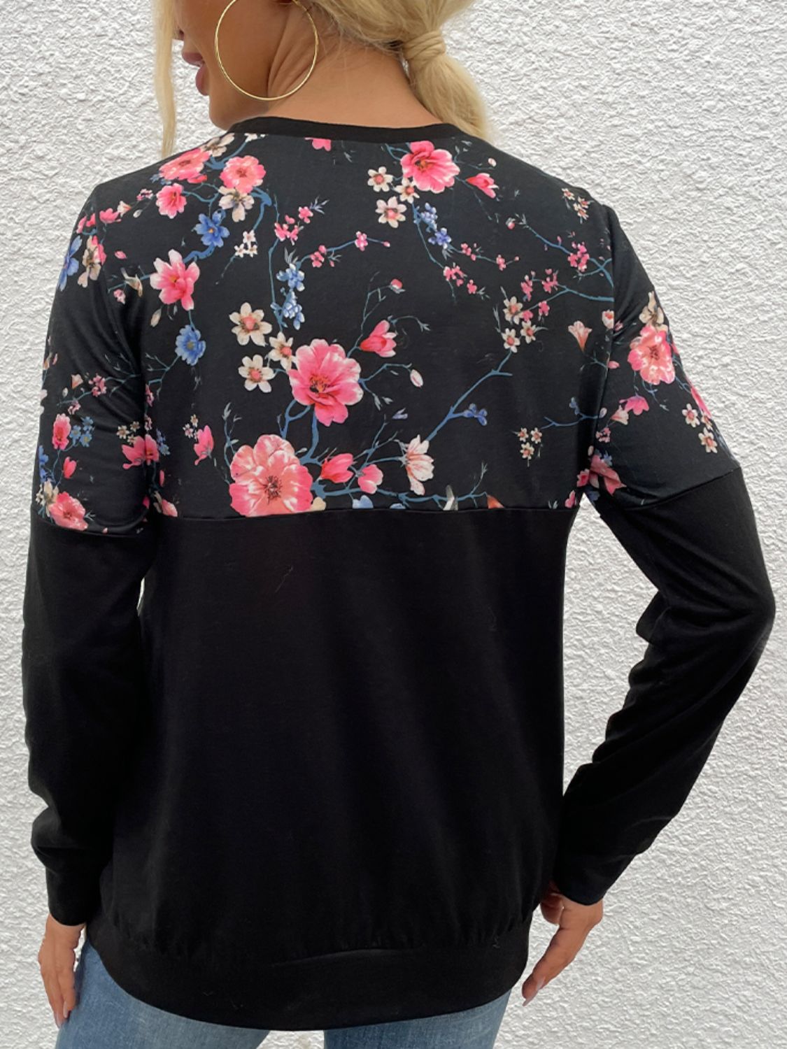 Shiny Floral Print Round Neck Dropped Shoulder Tee