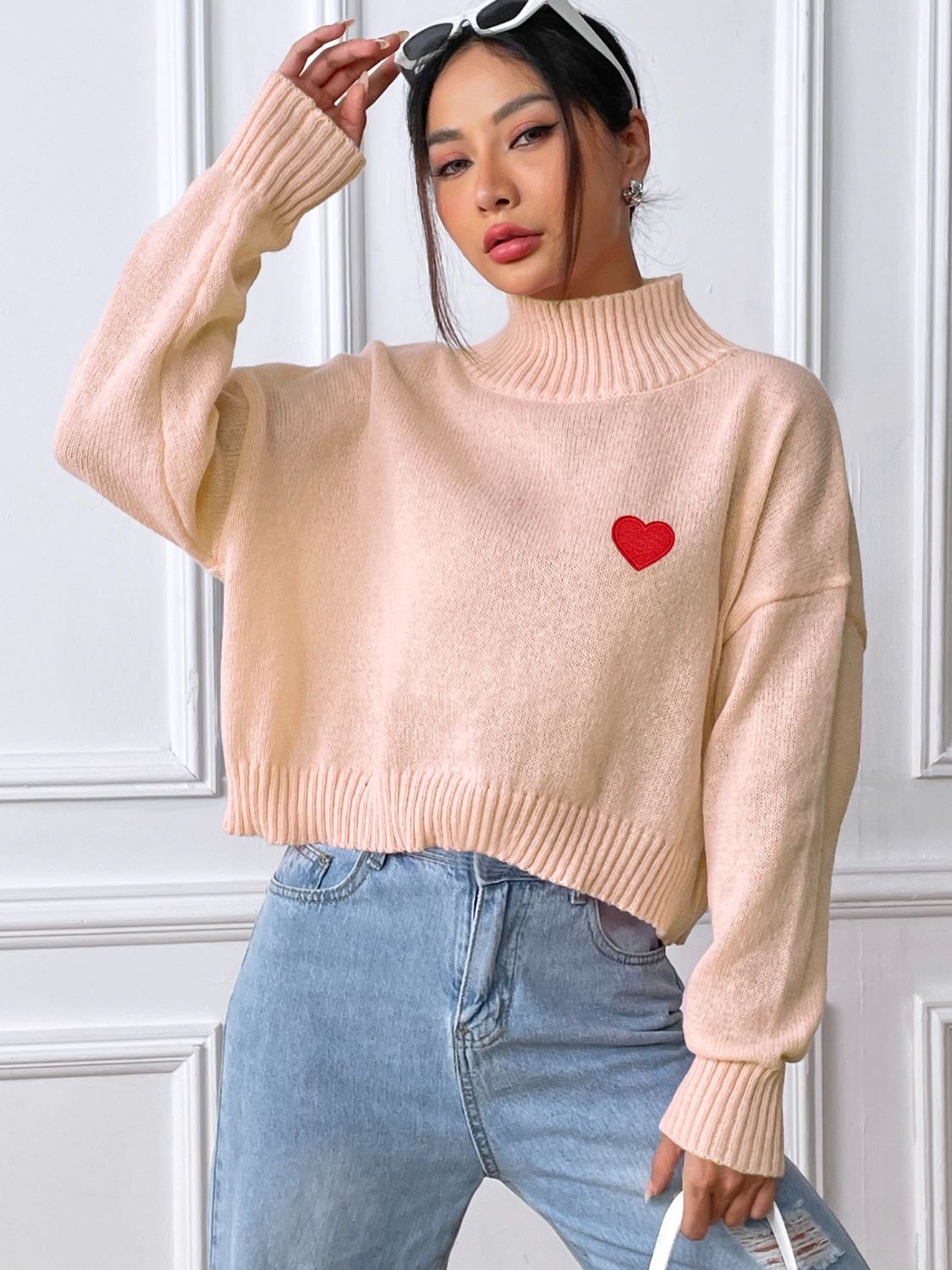 Heart Turtleneck Long Sleeve Sweater