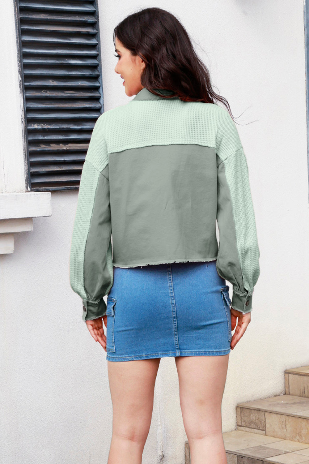 MeiMei Button Up Raw Hem Long Sleeve Jacket