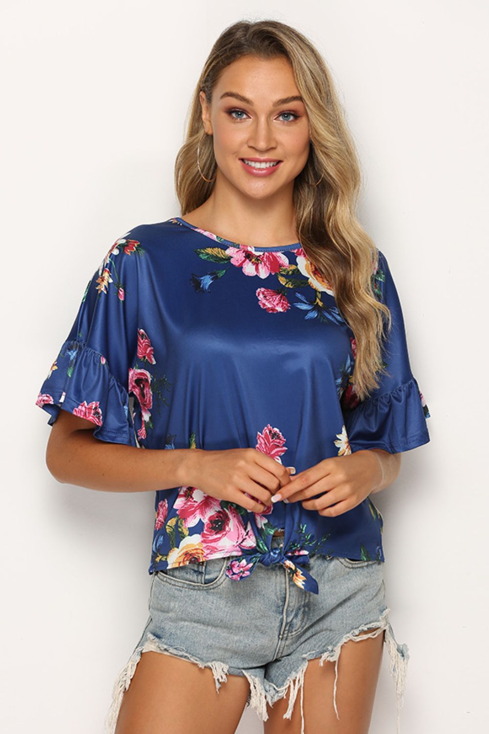 Shiny Floral Tie Hem Flounce Sleeve Top