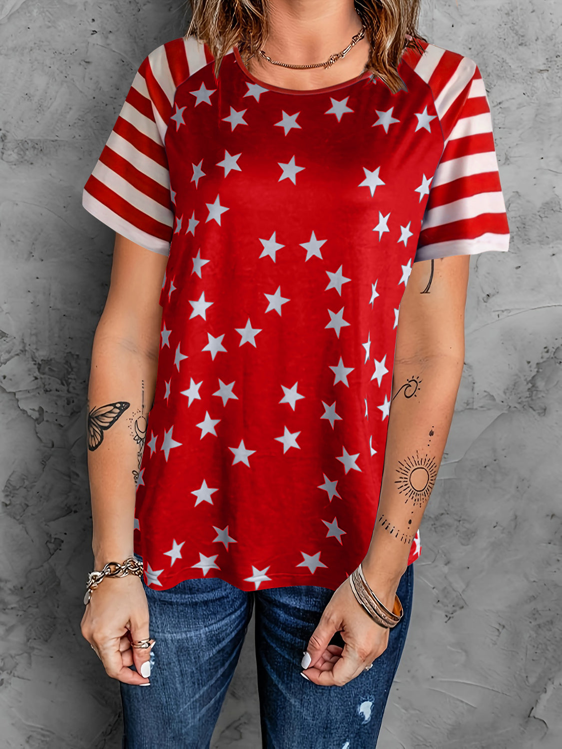 MeiMei Full Size Star Striped Round Neck Short Sleeve T-Shirt