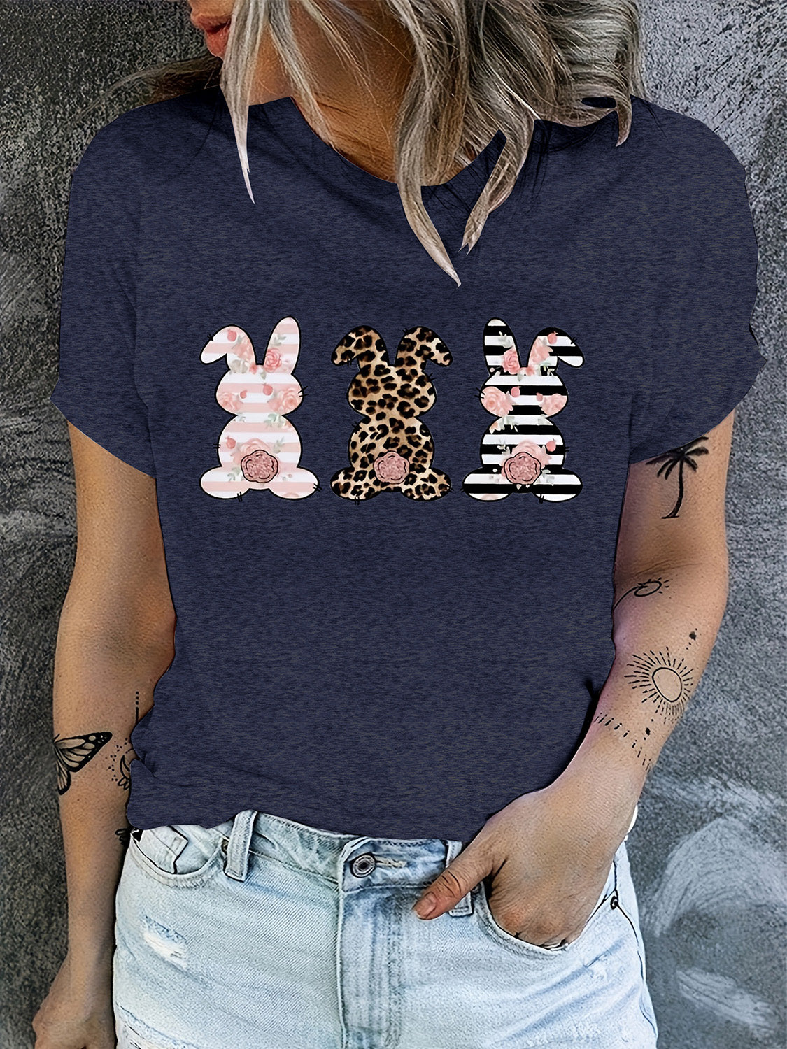 MeiMei Rabbit Graphic Round Neck Short Sleeve T-Shirt