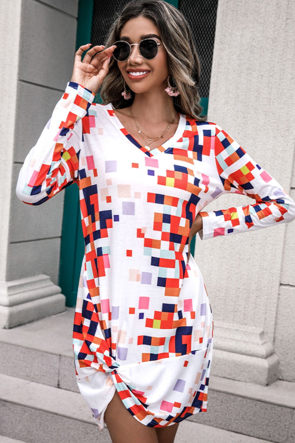 Shiny Rainbow Checker Twisted Long Sleeve Dress