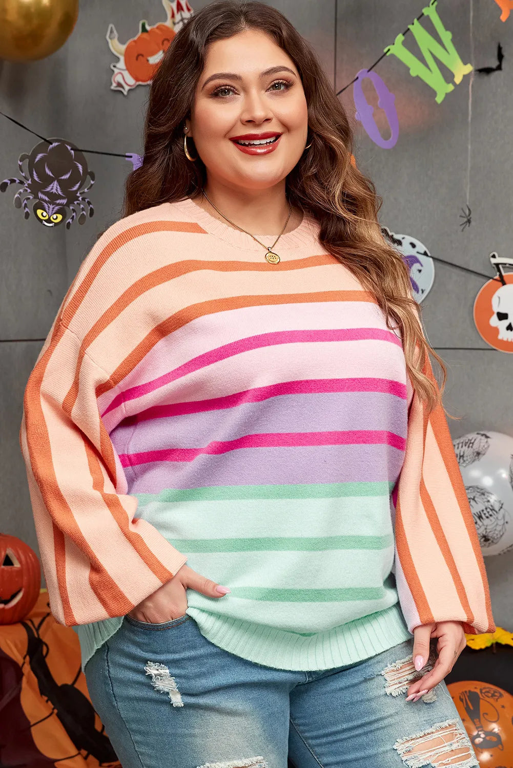 Plus Size Striped Round Neck Long Sleeve Sweater