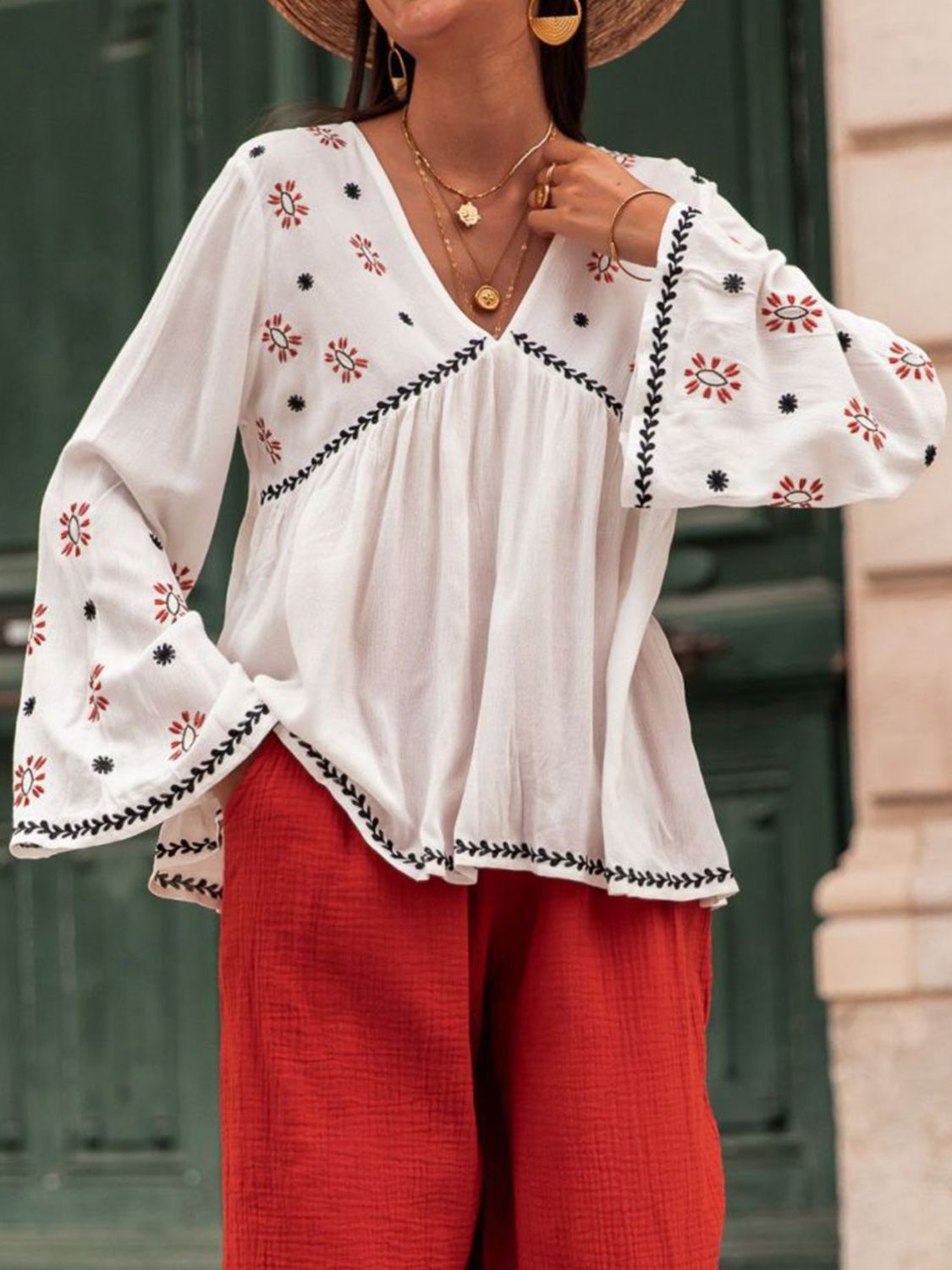 MeiMei Embroidered V-Neck Long Sleeve Blouse