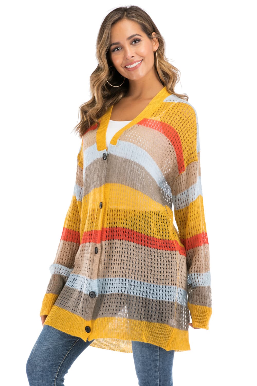 Color Block Openwork Long Sleeve Cardigan