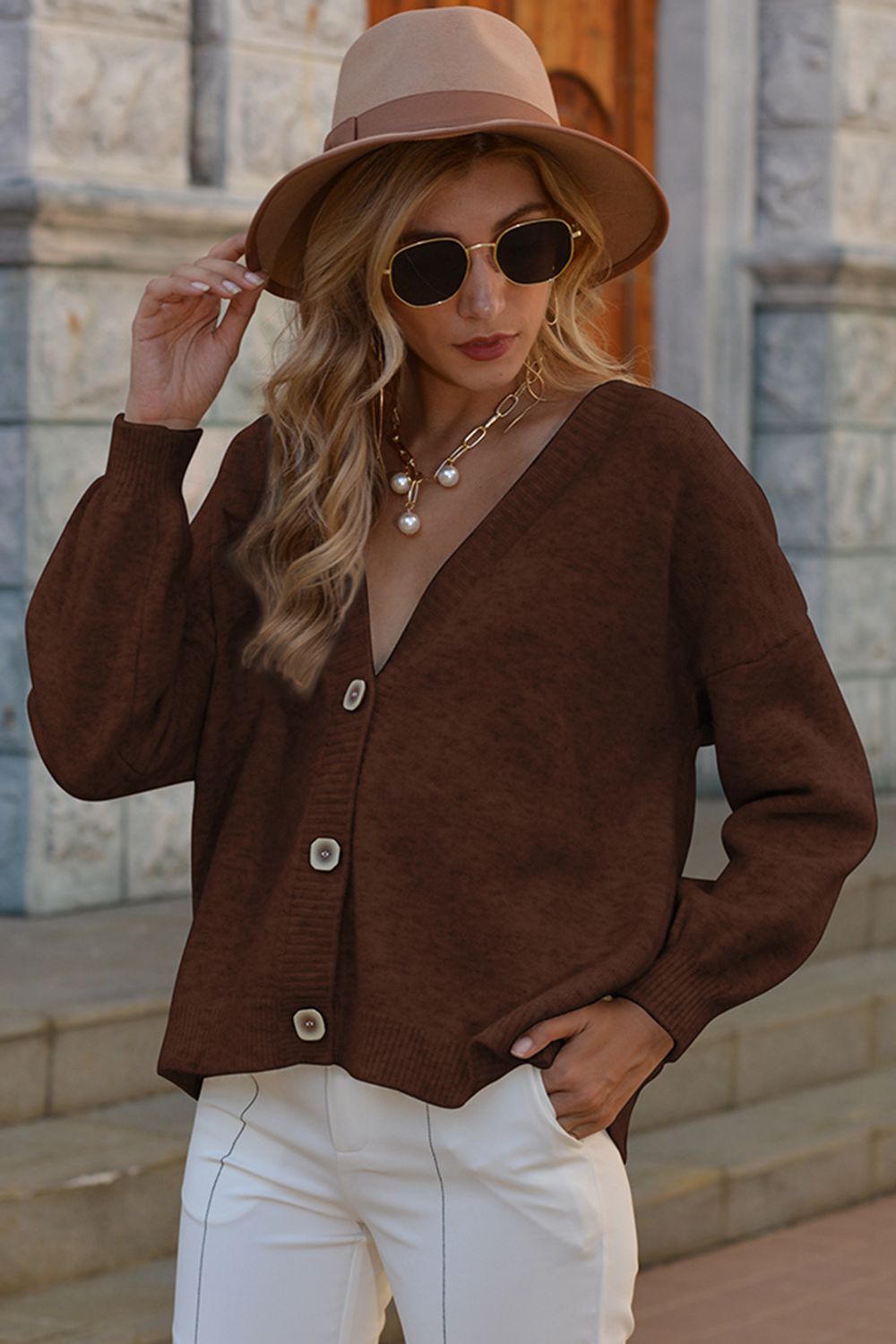 Shiny V-Neck Button-Down Dropped Shoulder Cardigan