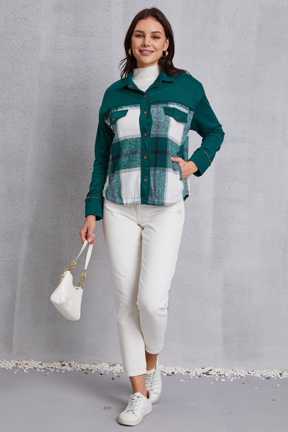 MeiMei Plaid Snap Down Pocketed Dropped Shoulder Jacket