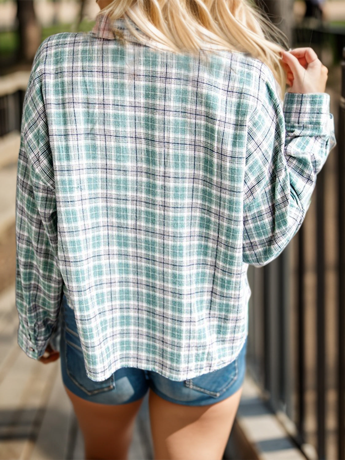 MeiMei Full Size Plaid Contrast Pocketed Dropped Shoulder Shirt